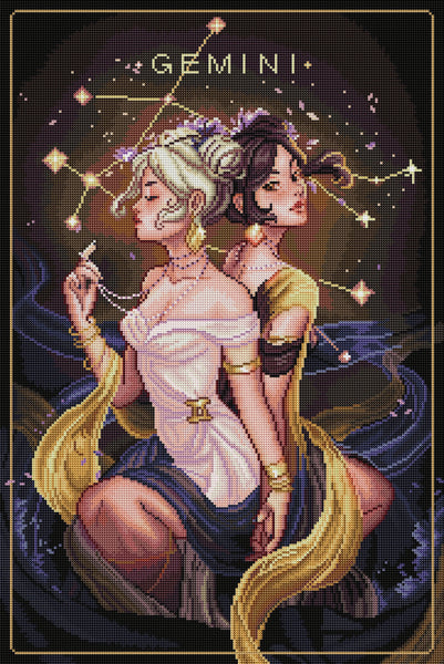 Fantasy Zodiac Gemini Cross Stitch Pattern Full Coverage 