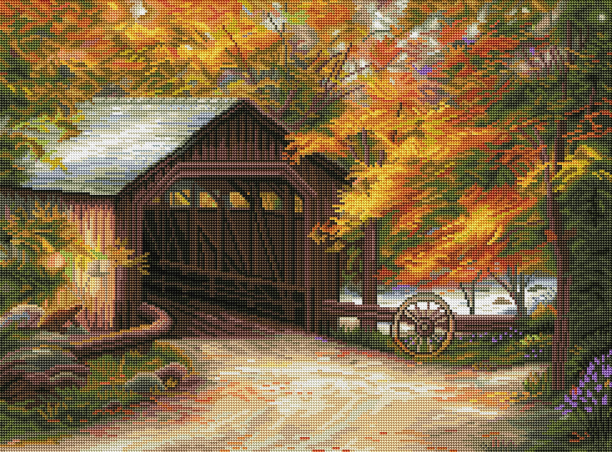 Diamond Painting Autumn Bridge 27" x 20″ (69cm x 51cm) / Round with 54 Colors including 3 ABs / 44,344