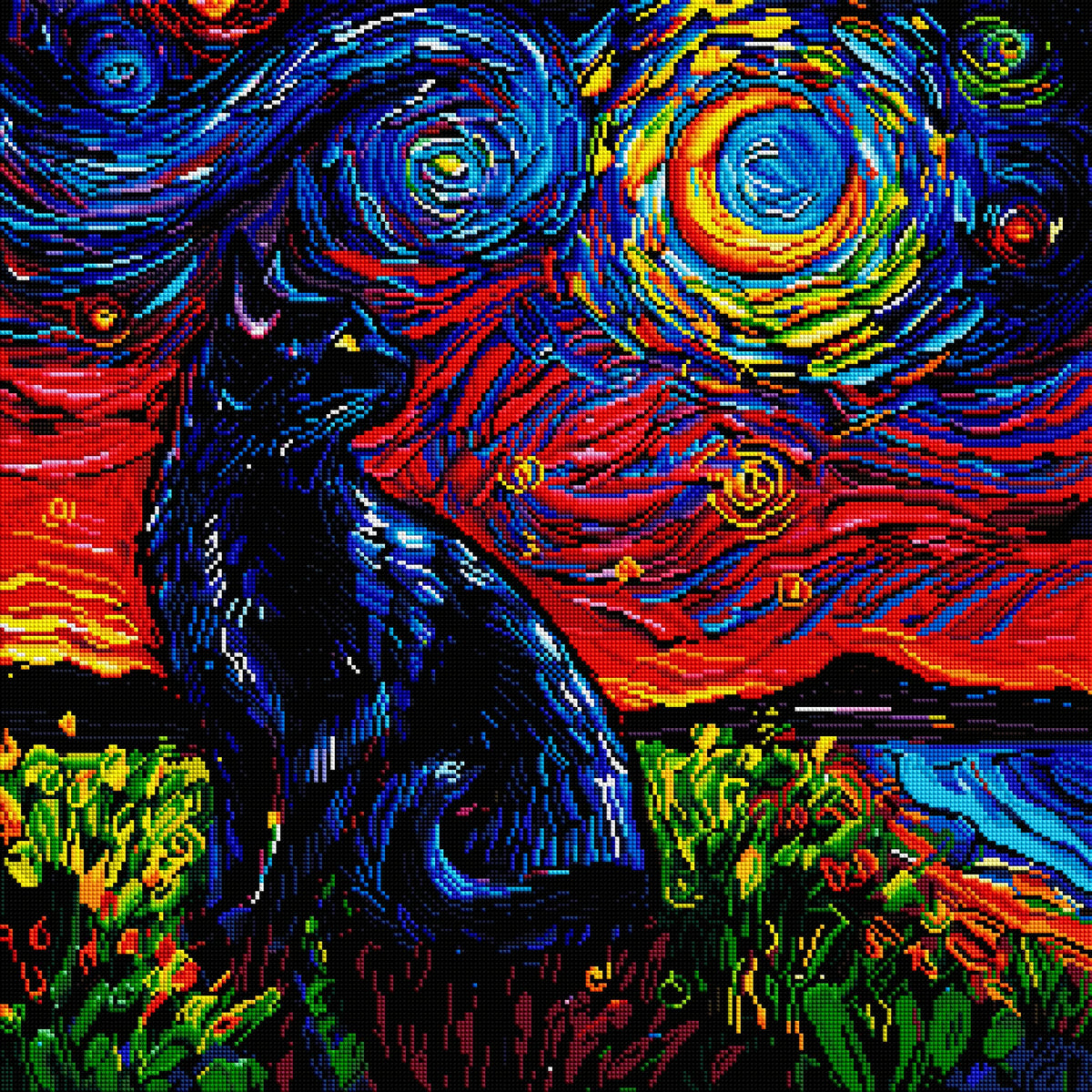 Diamond Painting Black Cat Night 25.6" x 25.6" (65cm x 65cm) / Square with 42 Colors including 4 ABs / 68,121