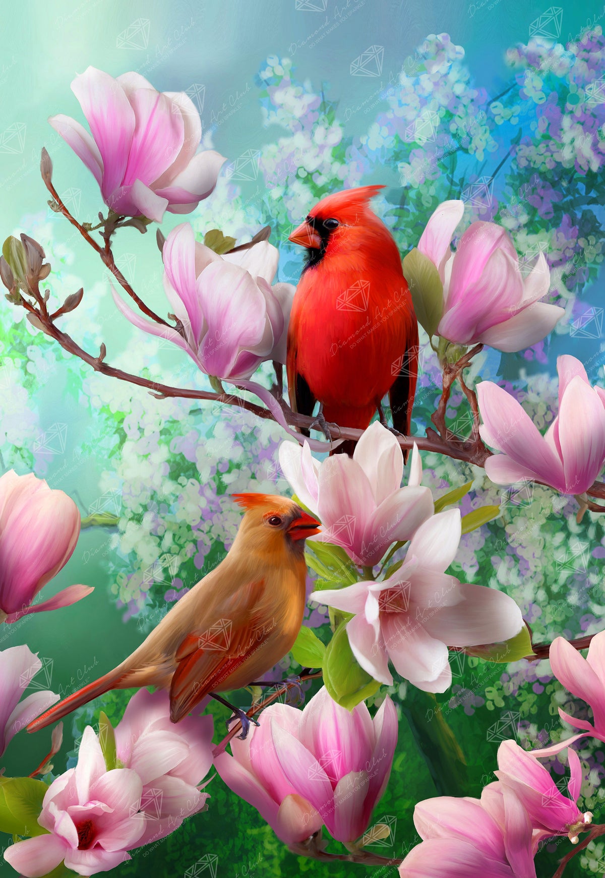 Diamond Painting Cardinal Family 20" x 29" (50.8cm x 73.7cm) / Square With 58 Colors Including 5 ABs / 60,384