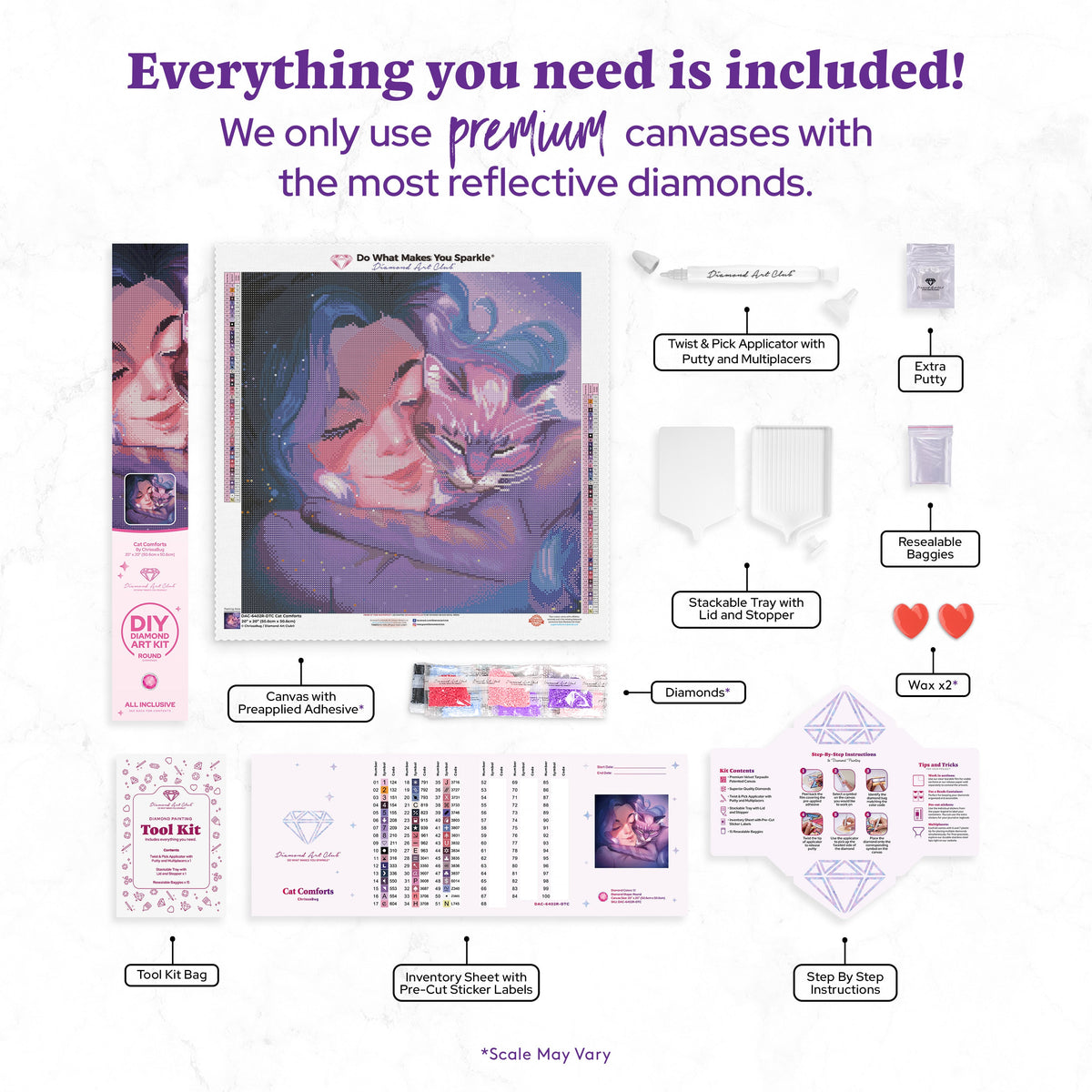 Diamond Painting Cat Comforts 20" x 20" (50.6cm x 50.6cm) / Round with 51 Colors including 2 ABs and 2 Fairy Dust Diamonds and 1 Iridescent Diamond / 33,856