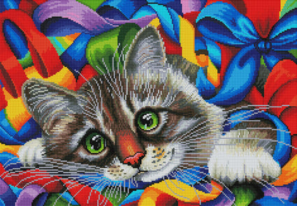 Diamond Painting Cat Playing In Ribbons 26" x 18″ (66cm x 46cm) / Round with 53 Colors including 2 ABs / 38,305