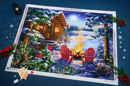 Diamond Painting Christmas Cabin 36.6" x 27.6" (92.8cm x 69.9cm) / Square with 77 Colors including 2 ABs and 4 Fairy Dust Diamonds / 104,813