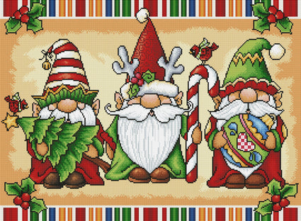 Diamond Painting Christmas Gnome Trio 30" x 22″ (76cm x 56cm) / Round with 55 Colors including 3 ABs and 1 Glow-in-the-Dark / 53,929