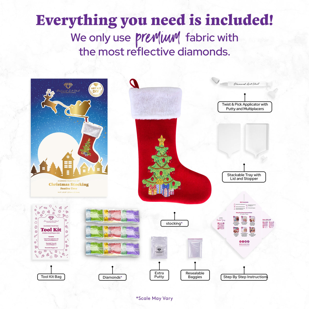 Diamond Painting Christmas Stocking - Festive Tree 14.6" x 9.25" (37 x 23.5cm) / Round with 9 Colors including 2 ABs and 2 Special Diamonds and 1 Iridescent Diamond and 4 Fairy Dust Diamonds / 952