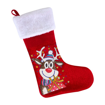 Diamond Painting Christmas Stocking - Jolly Reindeer 14.6" x 9.25" (37 x 23.5cm) / Round with 12 Colors including 1 AB and 4 Special Diamonds and 2 Fairy Dust Diamonds / 1,360