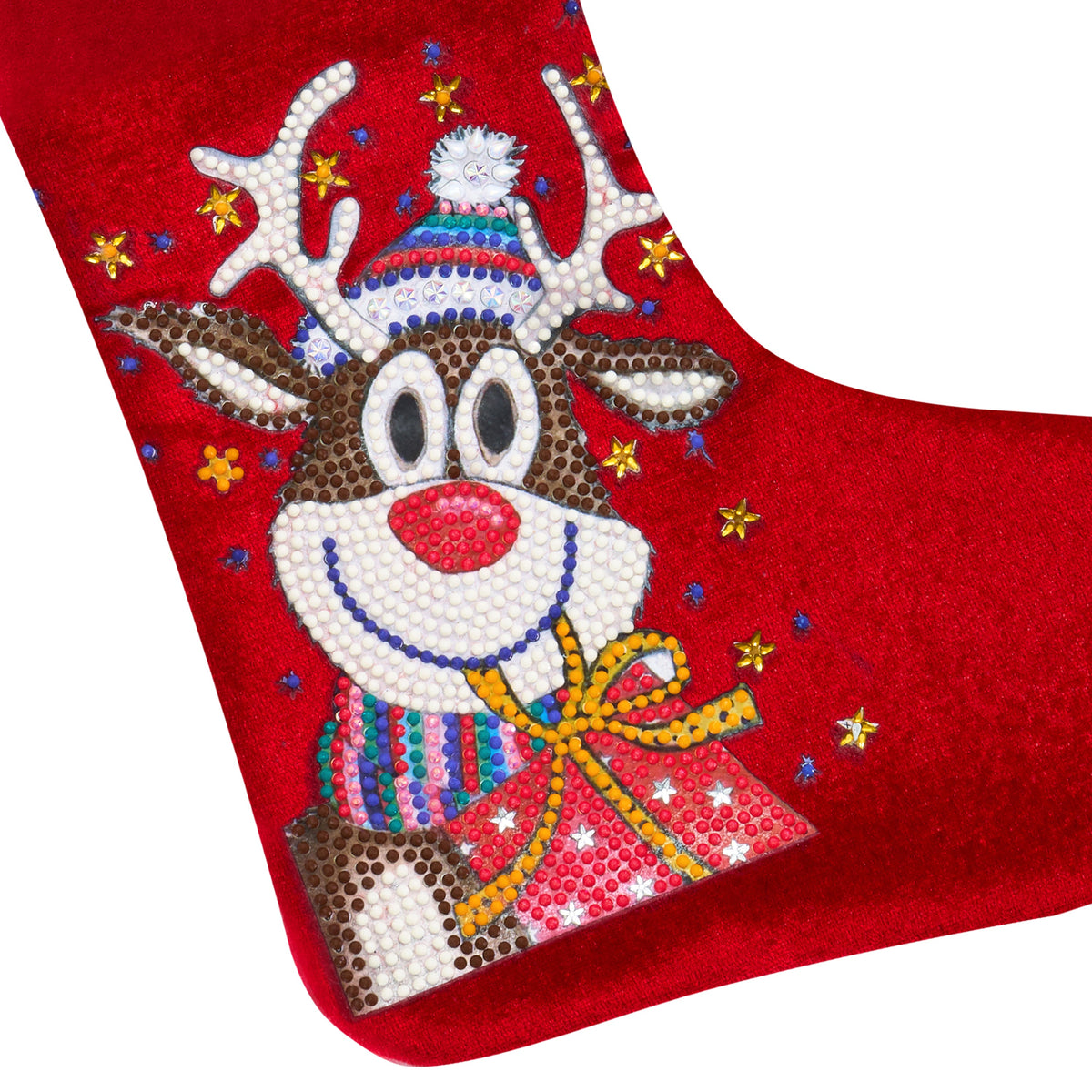 Diamond Painting Christmas Stocking - Jolly Reindeer 14.6" x 9.25" (37 x 23.5cm) / Round with 12 Colors including 1 AB and 4 Special Diamonds and 2 Fairy Dust Diamonds / 1,360