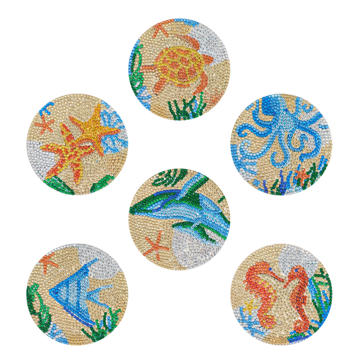 Diamond Painting Coasters - Deep Sea 4" x 4" (10cm x 10cm) / Round with 14 Colors including 14 Iridescent Diamonds / 4,897