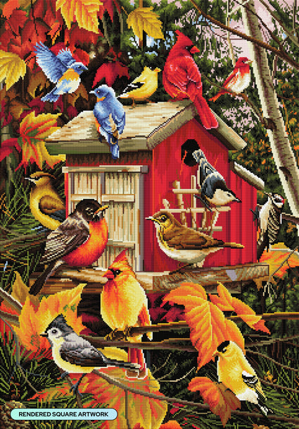 Diamond Painting Fall Birds on Barn Birdhouse 23.6" x 33.9" (60cm x 86cm) / Square with 55 Colors including 2 ABs and 3 Fairy Dust Diamonds / 83,145