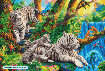 Diamond Painting Family of White Tigers 40.6" x 27.6" (103cm x 70cm) / Square with 62 Colors including 3 ABs and 2 Fairy Dust Diamonds / 116,053