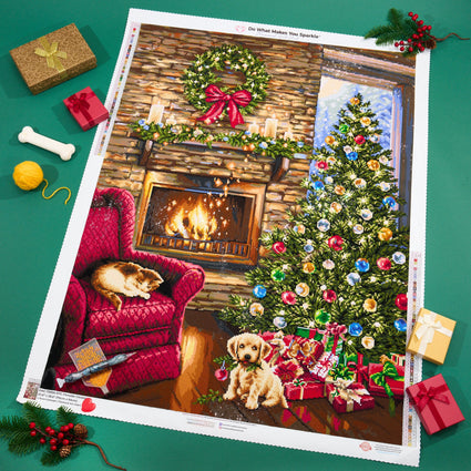 Diamond Painting Fireside Christmas 27.6" x 36.6" (70cm x 93cm) / Square with 60 Colors including 3 AB and 2 Fairy Dust Diamonds / 104,813