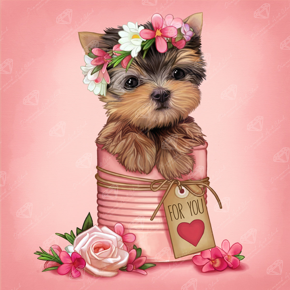 Diamond Painting Floral Yorkie Puppy 20" x 20" (51cm x 51cm) / Square with 36 Colors including 4 ABs / 40,401