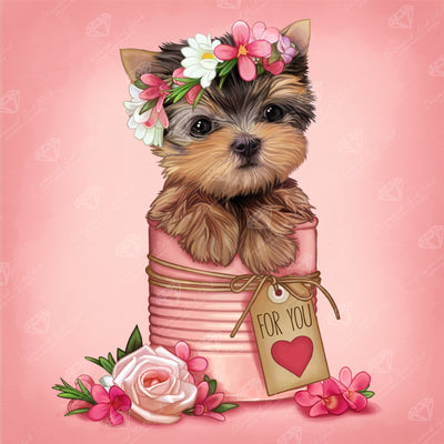 Diamond Painting Floral Yorkie Puppy 20" x 20" (51cm x 51cm) / Square with 36 Colors including 4 ABs / 40,401