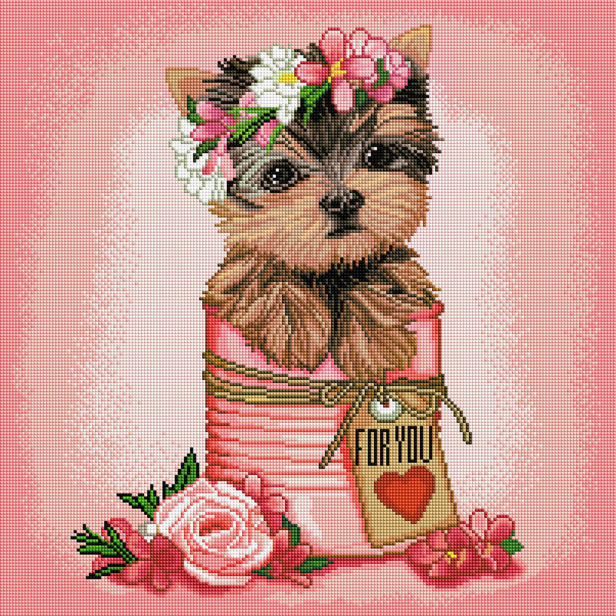 Diamond Painting Floral Yorkie Puppy 20" x 20" (51cm x 51cm) / Square with 36 Colors including 4 ABs / 40,401