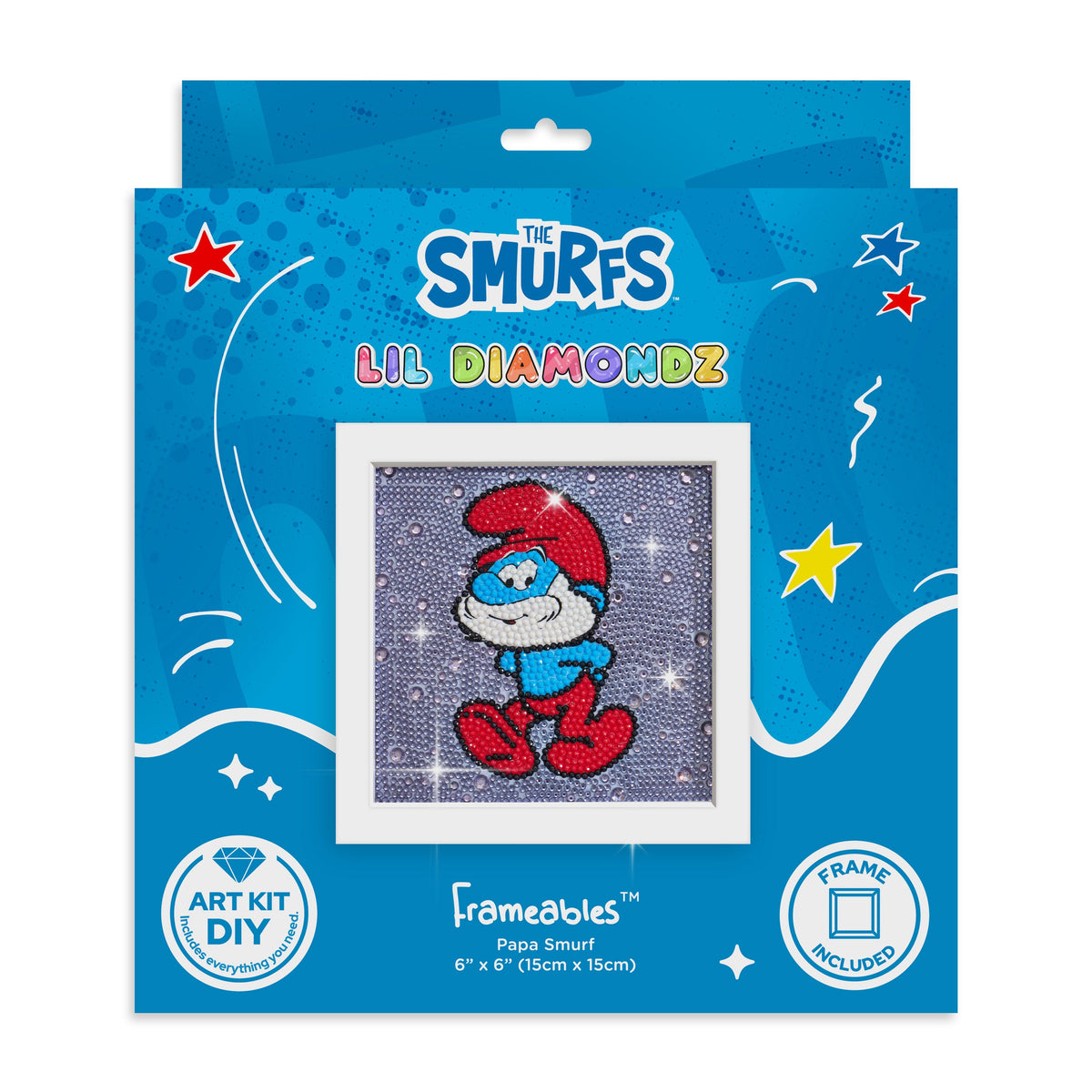 Diamond Painting Frameables™ - Papa Smurf 6" x 6" (15cm x 15cm) / Round with 7 Colors including 3 Iridescent Diamonds / 2,647