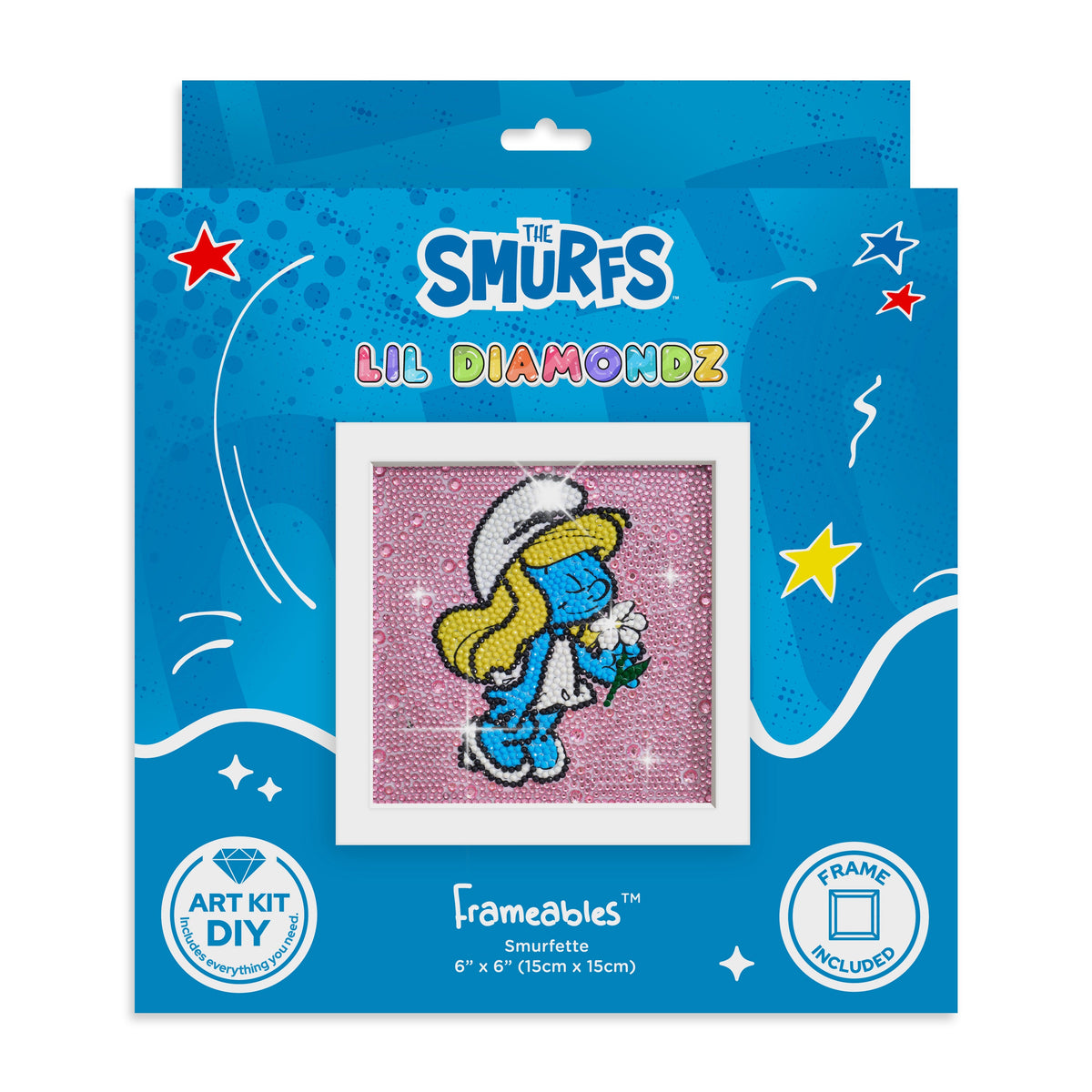 Diamond Painting Frameables™ - Smurfette 6" x 6" (15cm x 15cm) / Round with 8 Colors including 3 Iridescent Diamonds / 2,443