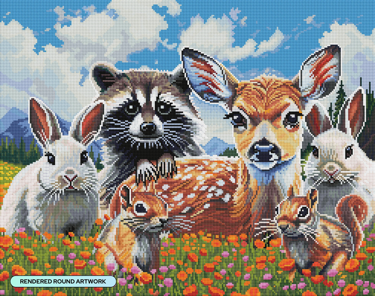 Diamond Painting Furry Forest Friends 28" x 22" (70.6cm x 55.8cm) / Round with 70 Colors including 2 ABs and 2 Fairy Dust Diamonds / 50,148