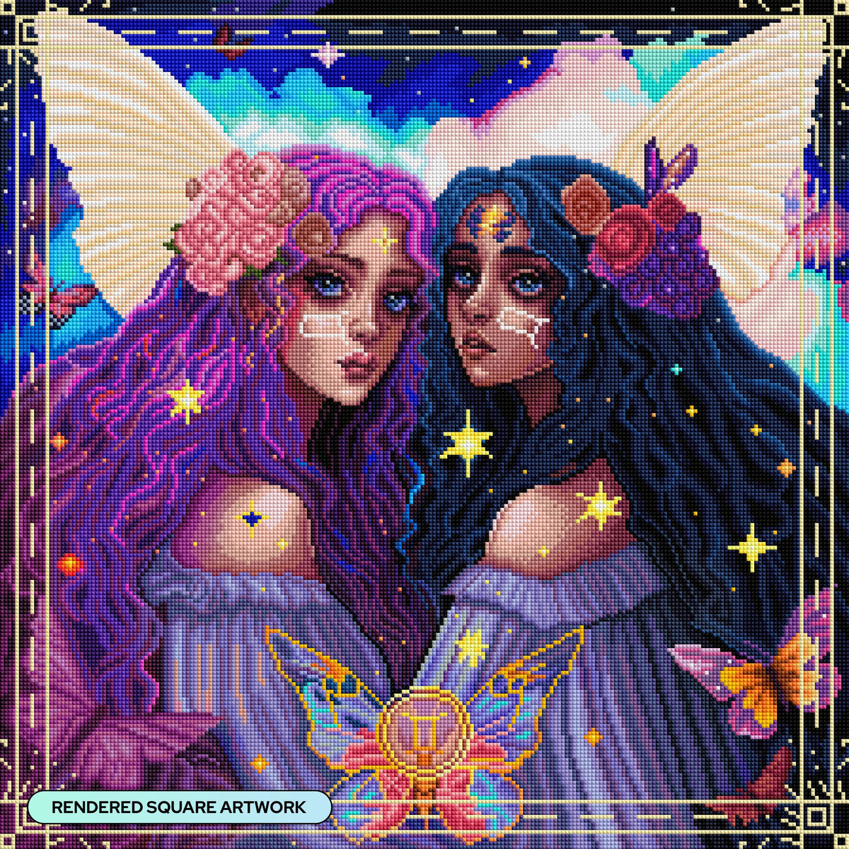 Diamond Painting Gemini 22" x 22" (55.8cm x 55.8cm) / Square with 62 Colors including 6 ABs, 1 Iridescent Diamond, and 2 Fairy Dust Diamonds / 50,176