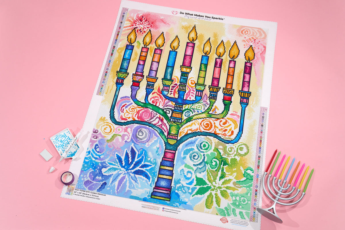 Diamond Painting Golden Menorah 22" x 29" (55.6cm x 73.7cm) / Round with 60 Colors including 3 ABs and 4 Fairy Dust Diamonds / 54,136