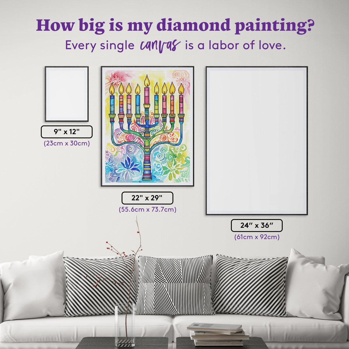 Diamond Painting Golden Menorah 22" x 29" (55.6cm x 73.7cm) / Round with 60 Colors including 3 ABs and 4 Fairy Dust Diamonds / 54,136