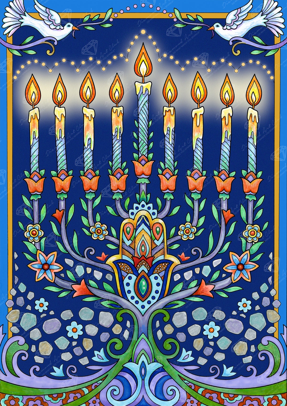 Diamond Painting Happy Hanukkah Menorah 25.6" x 36.2" (65cm x 91.8cm) / Square with 50 Colors including 3 ABs and 1 Iridescent Diamond and 1 Fairy Dust Diamond / 96,309