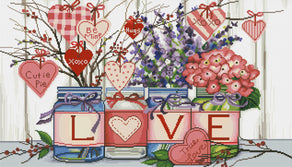 Diamond Painting Heart Flower Jars 35" x 20″ (89cm x 51cm) / Round with 53 Colors including 3 ABs / 57,377