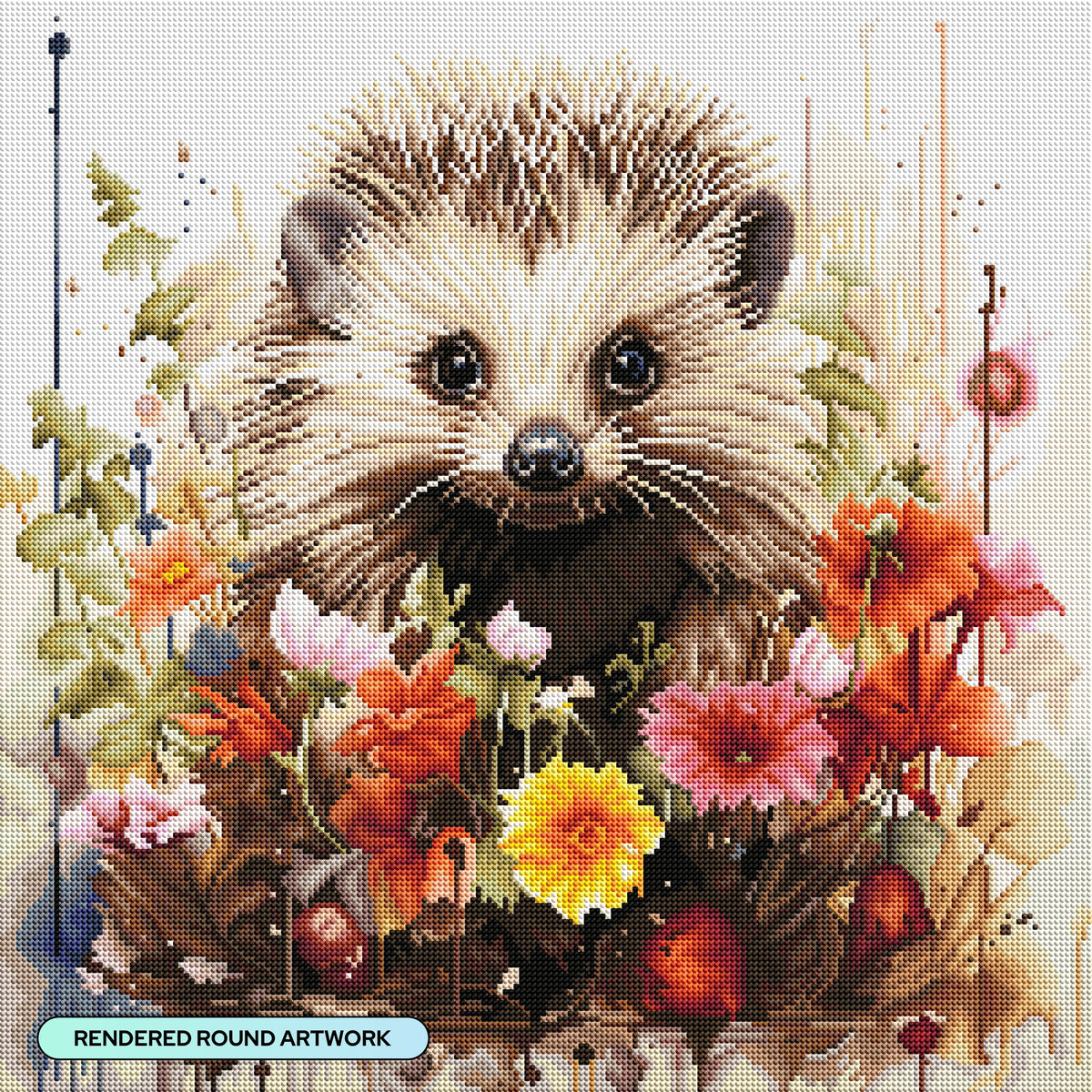 Diamond Painting Hedgehog 22" x 22" (55.6cm x 55.6cm) / Round with 63 Colors including 2 ABs and 2 Fairy Dust Diamonds / 40,804