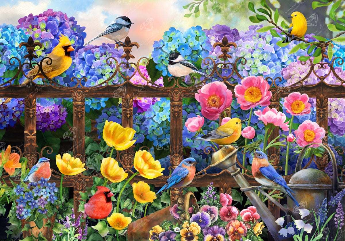 Diamond Painting Hydrangea Garden Birds 39.4" x 27.6" (100cm x 70cm) / Square with 59 Colors including 5 ABs / 109,692