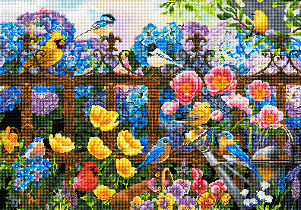 Diamond Painting Hydrangea Garden Birds 39.4" x 27.6" (100cm x 70cm) / Square with 59 Colors including 5 ABs / 109,692