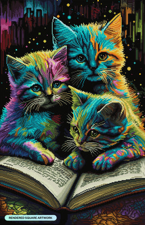 Diamond Painting Kittens Reading 20" x 31" (50.8cm x 78.7cm) / Square with 59 Colors including 2 ABs and 4 Fairy Dust Diamonds / 64,464