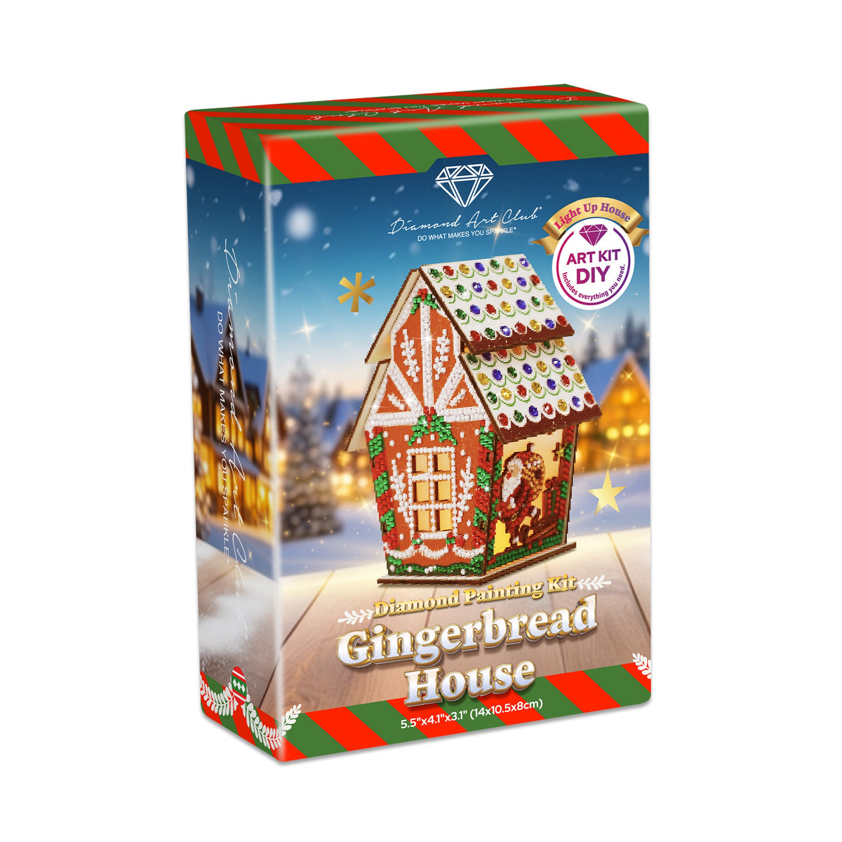 Diamond Painting LED 3D Gingerbread House - Santa 5.5" x 4.1" x 3.1" (14 x 10.5 x 8cm) / Round with 12 Colors including 11 Iridescent Diamonds / 1,263