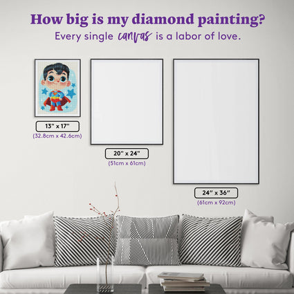 Diamond Painting Little But Mighty - Superman™ 13" x 17" (32.8cm x 42.6cm) / Round With 28 Colors Including 3 ABs and 1 Fairy Dust Diamonds / 17,784
