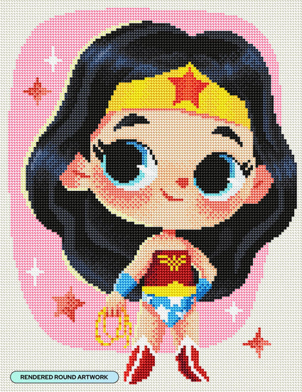 Diamond Painting Little But Mighty - Wonder Woman™-AMZ 13" x 17" (32.8cm x 42.6cm) / Round With 29 Colors Including 3 ABs and 1 Iridescent Diamonds / 17,784