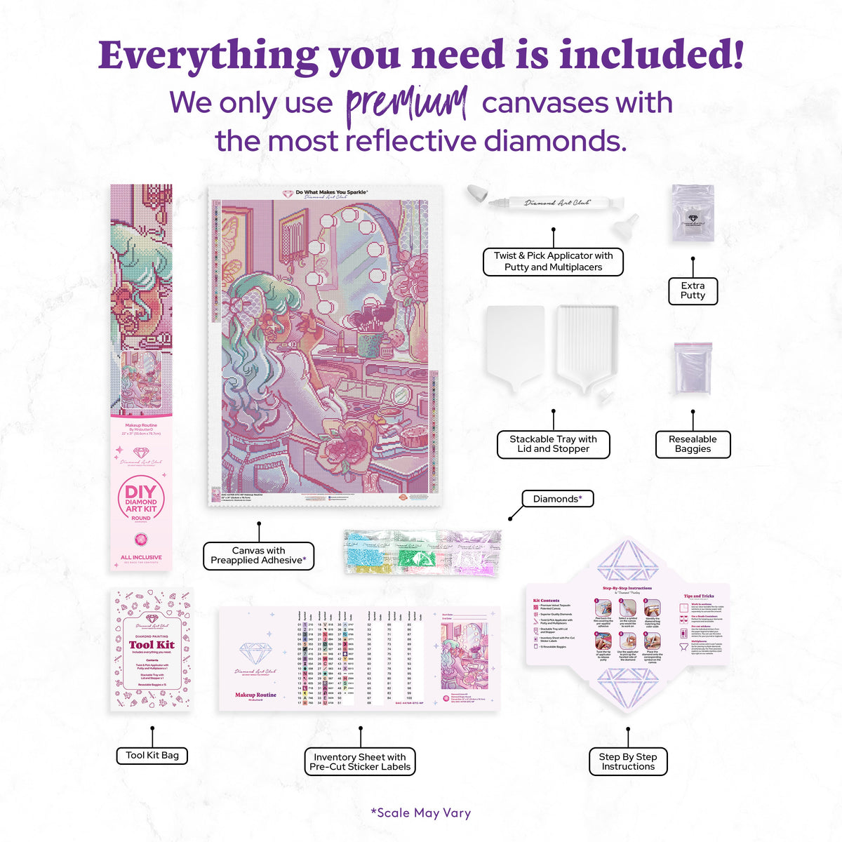 Diamond Painting Makeup Routine 22" x 31" (55.6cm x 78.7cm) / Round With 49 Colors Including 1 Iridescent Diamond and 4 Fairy Dust Diamonds / 57,772