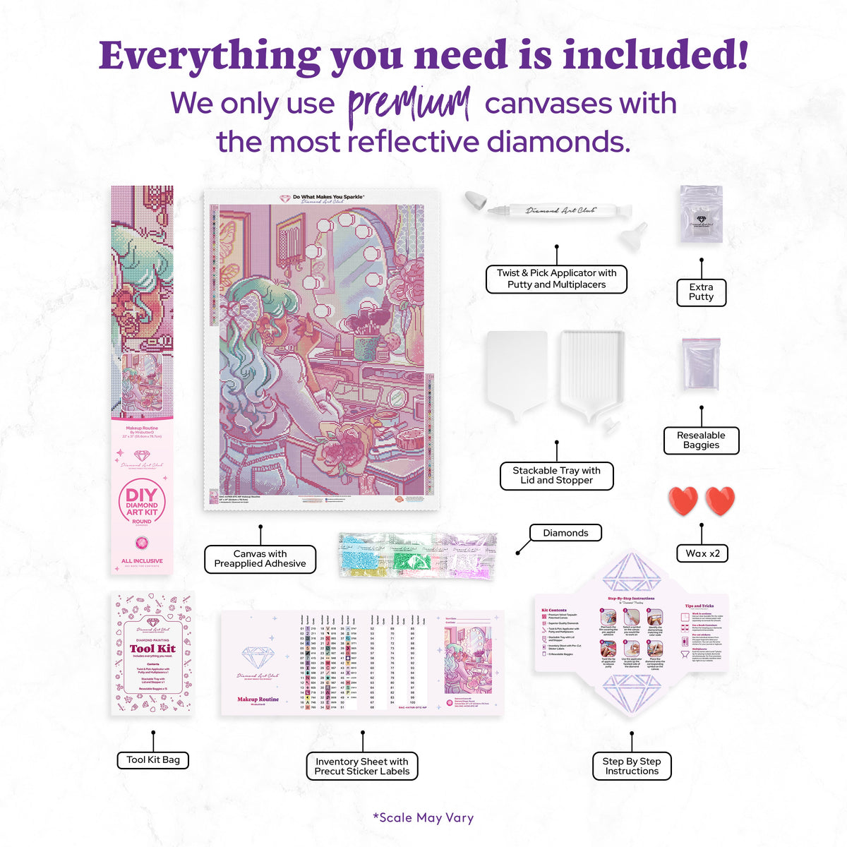 Diamond Painting Makeup Routine 22" x 31" (55.6cm x 78.7cm) / Round With 49 Colors Including 1 Iridescent Diamond and 4 Fairy Dust Diamonds / 57,772