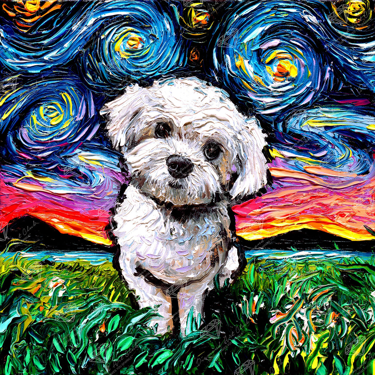 Diamond Painting Maltipoo Night 23.6" x 23.6" (60cm x 60cm) / Square with 59 Colors including 3 ABs and 1 Fairy Dust Diamonds / 57,600