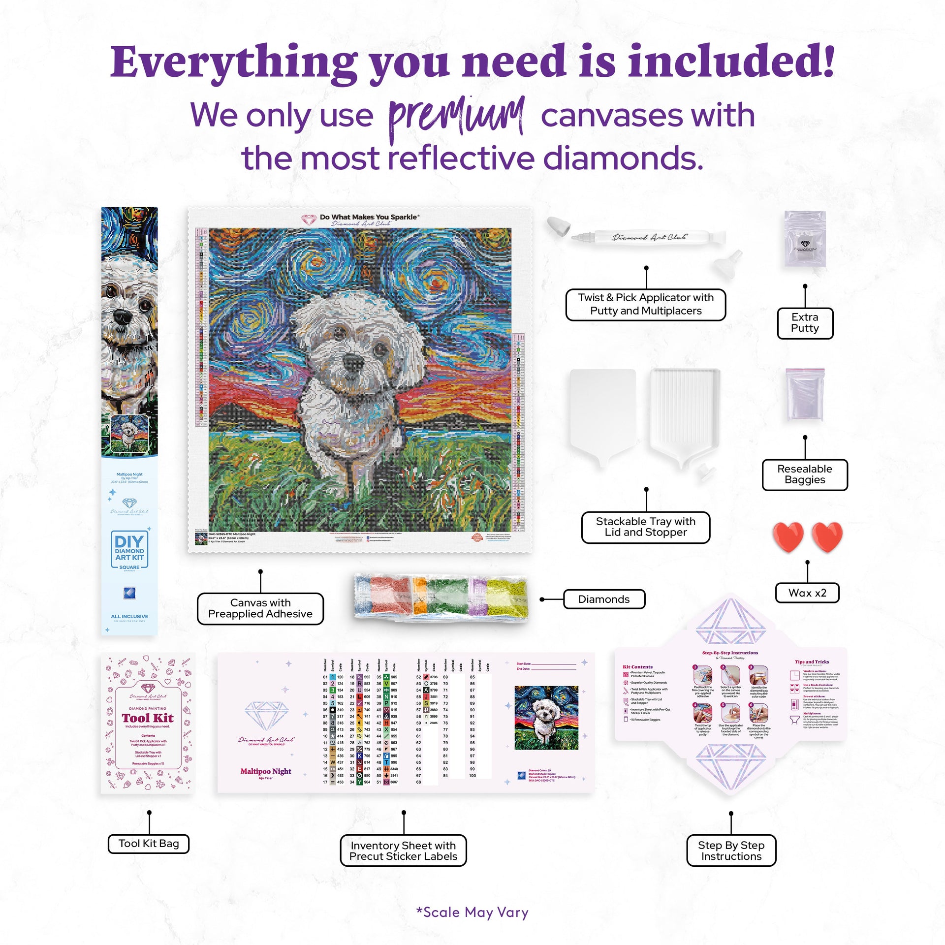 Diamond Painting Maltipoo Night 23.6" x 23.6" (60cm x 60cm) / Square with 59 Colors including 3 ABs and 1 Fairy Dust Diamonds / 57,600