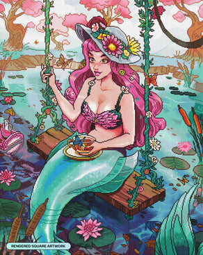 Diamond Painting Mermaid Tea Time 27.6" x 34.6" (70cm x 88cm) / Square with 99 Colors including 2 ABs and 1 Iridescent Diamond and 3 Fairy Dust Diamonds / 99,193