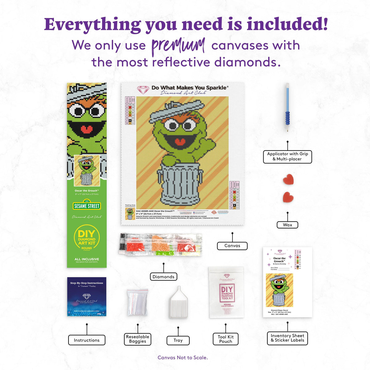 Diamond Painting Oscar the Grouch™ 9" x 11" (22.7cm x 27.7cm) / Round with 8 Colors including 1 Glow in the Dark Diamonds and 1 Fairy Dust Diamonds / 8,019