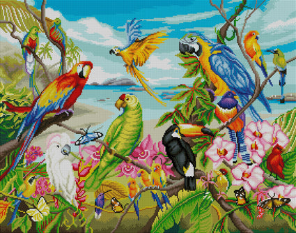 Diamond Painting Parrots in Paradise 28" x 22" (71cm x 56cm) / Square with 63 Colors including 5 ABs / 62,101