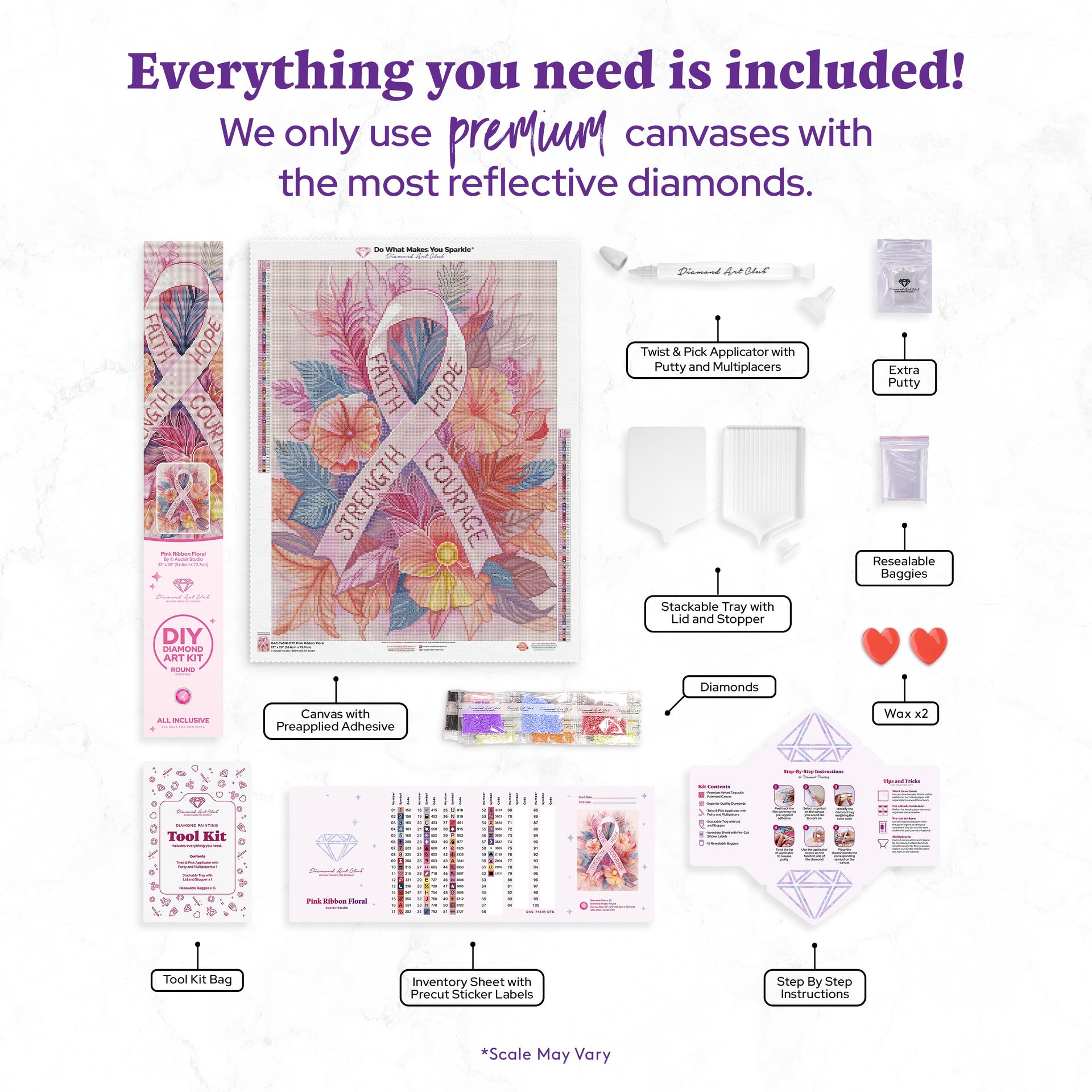 Diamond Painting Pink Ribbon Floral 22" x 29" (55.6cm x 73.7cm) / Round with 62 Colors including 1 Iridescent Diamond and 3 Fairy Dust Diamonds / 54,136