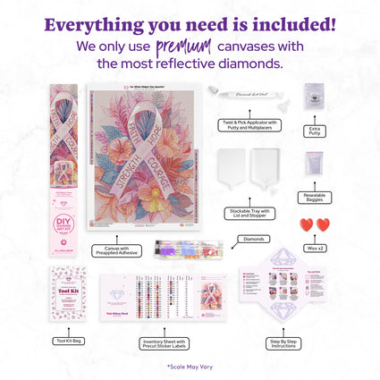 Diamond Painting Pink Ribbon Floral 22" x 29" (55.6cm x 73.7cm) / Round with 62 Colors including 1 Iridescent Diamond and 3 Fairy Dust Diamonds / 54,136