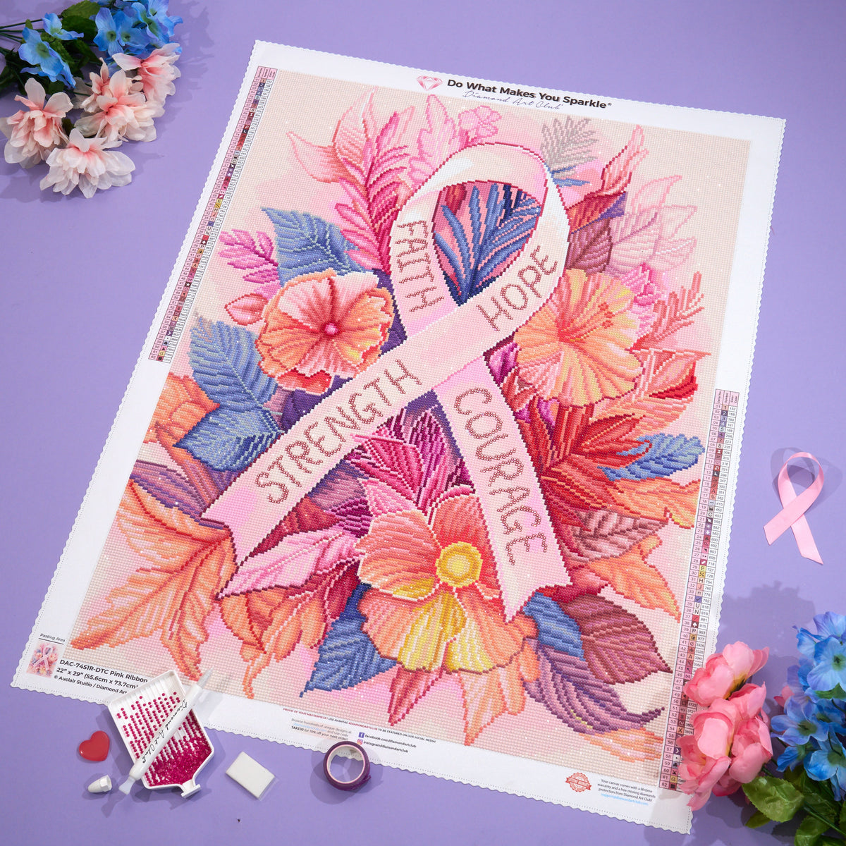 Diamond Painting Pink Ribbon Floral 22" x 29" (55.6cm x 73.7cm) / Round with 62 Colors including 1 Iridescent Diamond and 3 Fairy Dust Diamonds / 54,136