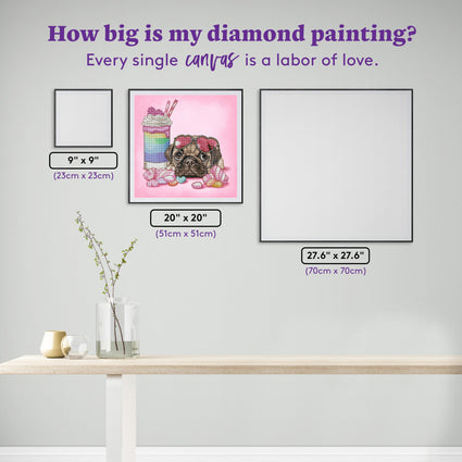 Diamond Painting Pug & Smoothie 20" x 20" (51cm x 51cm) / Round with 55 Colors including 3 ABs / 13,935