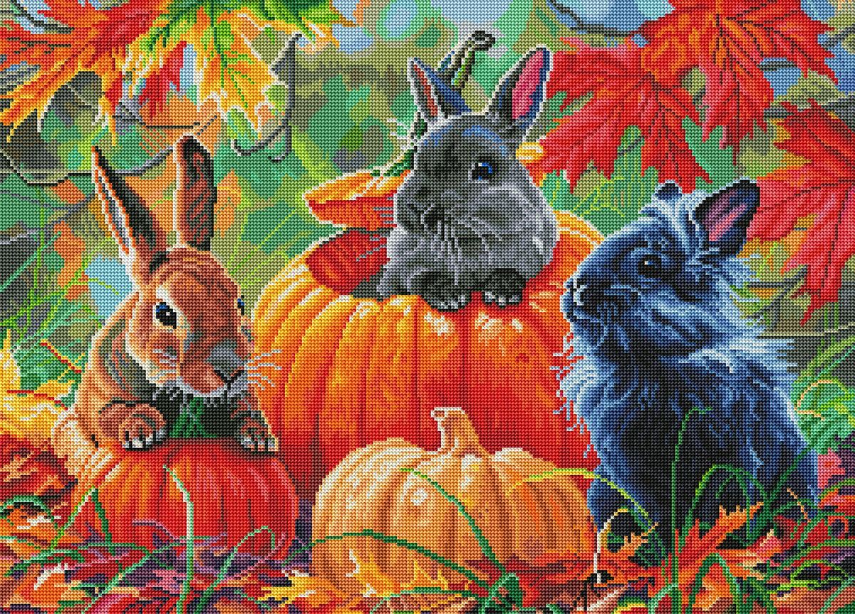 Diamond Painting Pumpkin Patch Bunnies 28" x 20″ (71cm x 51cm) / Round with 65 Colors including 4 ABs / 45,612