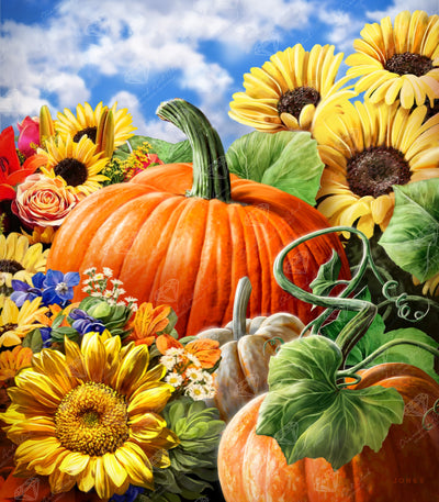 Diamond Painting Pumpkins & Sunflowers 22" x 25" (55.8cm x 63.7cm) / Square with 64 Colors including 2 ABs and 4 Fairy Dust Diamonds / 57,344