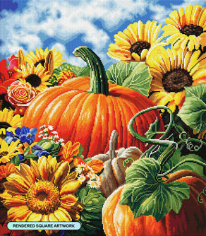 Diamond Painting Pumpkins & Sunflowers 22" x 25" (55.8cm x 63.7cm) / Square with 64 Colors including 2 ABs and 4 Fairy Dust Diamonds / 57,344