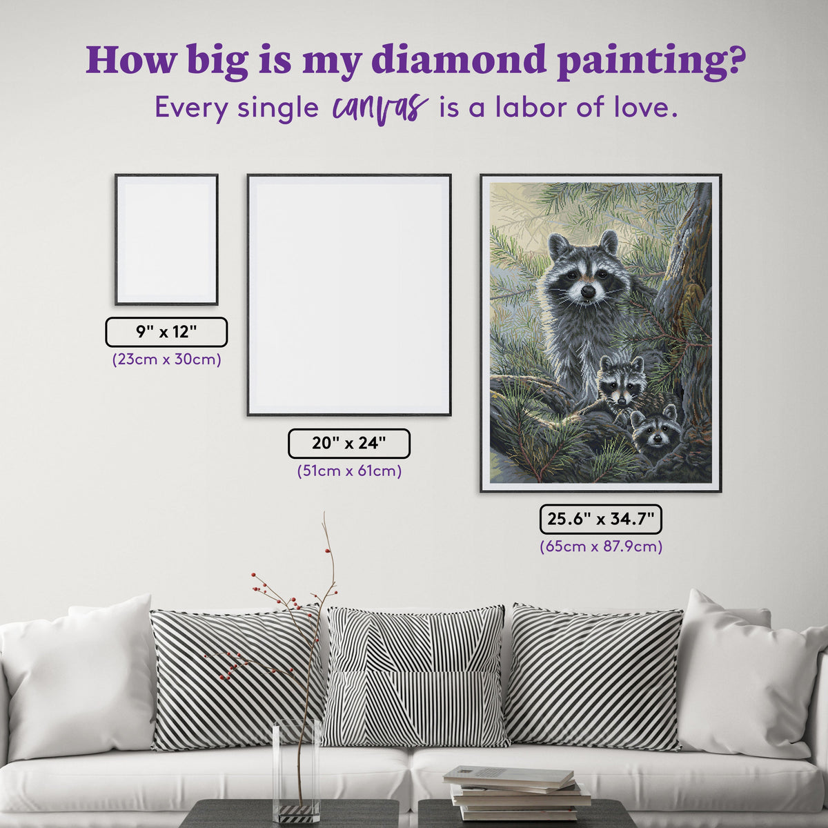 Diamond Painting Raccoon Family Portrait 25.6" x 34.7" (65cm x 87.9cm) / Square with 40 Colors including 2 ABs and 2 Fairy Dust Diamonds / 92,133