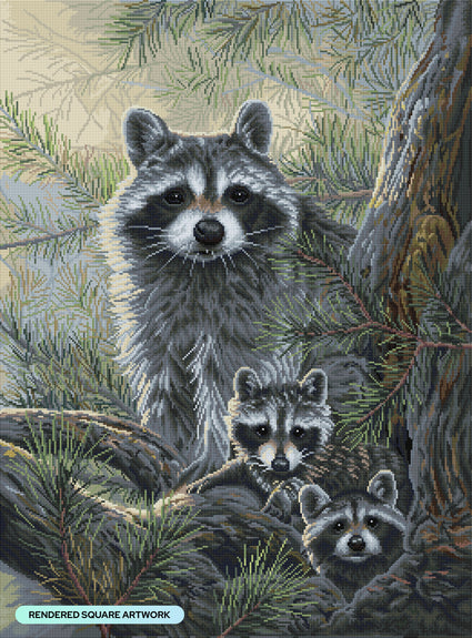 Diamond Painting Raccoon Family Portrait 25.6" x 34.7" (65cm x 87.9cm) / Square with 40 Colors including 2 ABs and 2 Fairy Dust Diamonds / 92,133