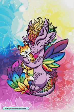 Diamond Painting Rainbow Dragon Hugging Cat 22" x 33" (55.8cm x 83.8cm) / Round with 47 Colors including 4 ABs and 2 Fairy Dust Diamonds / 59,501